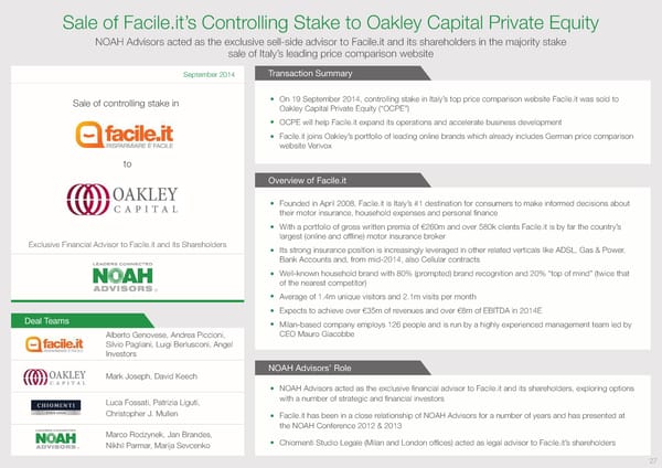 Sale of Facile.it’s Controlling Stake to Oakley Capital Private Equity Case Study - Page 1